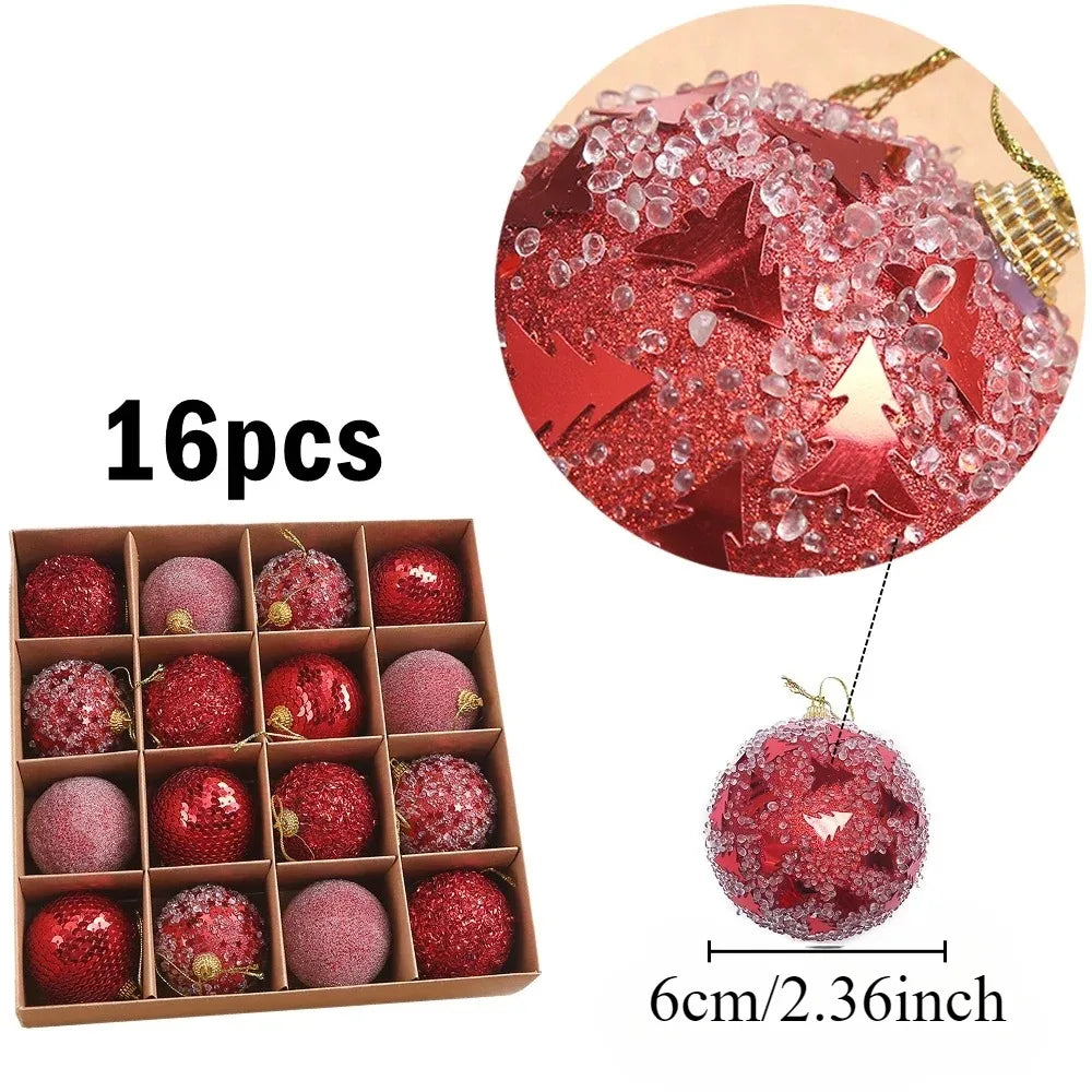 16pcs/box 6CM Christmas Ball Ornaments Champagne Gold Red Glitter Foam