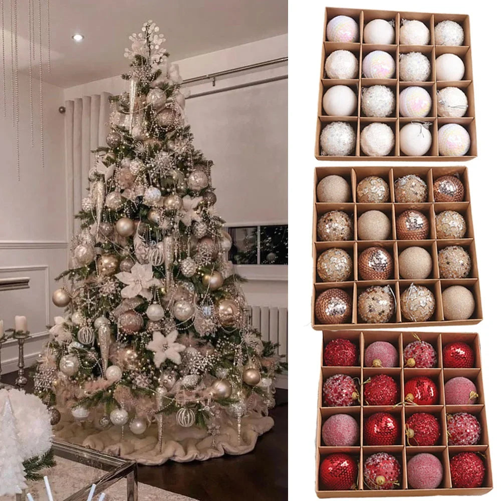 16pcs/box 6CM Christmas Ball Ornaments Champagne Gold Red Glitter Foam